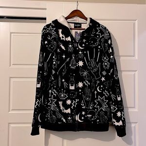 Black Witchy Zip Hoodie with Bats, Moons, Potions